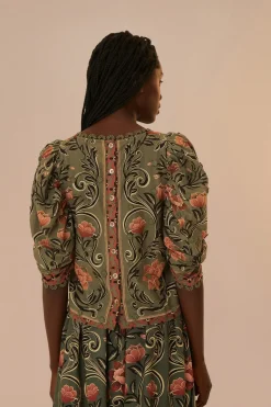 FARM Rio Arabesque Floral Green Blouse Sale