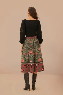 FARM Rio Arabesque Floral Green Buttons Midi Skirt Online