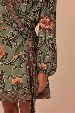 FARM Rio Arabesque Floral Green Long Sleeve Mini Dress Outlet