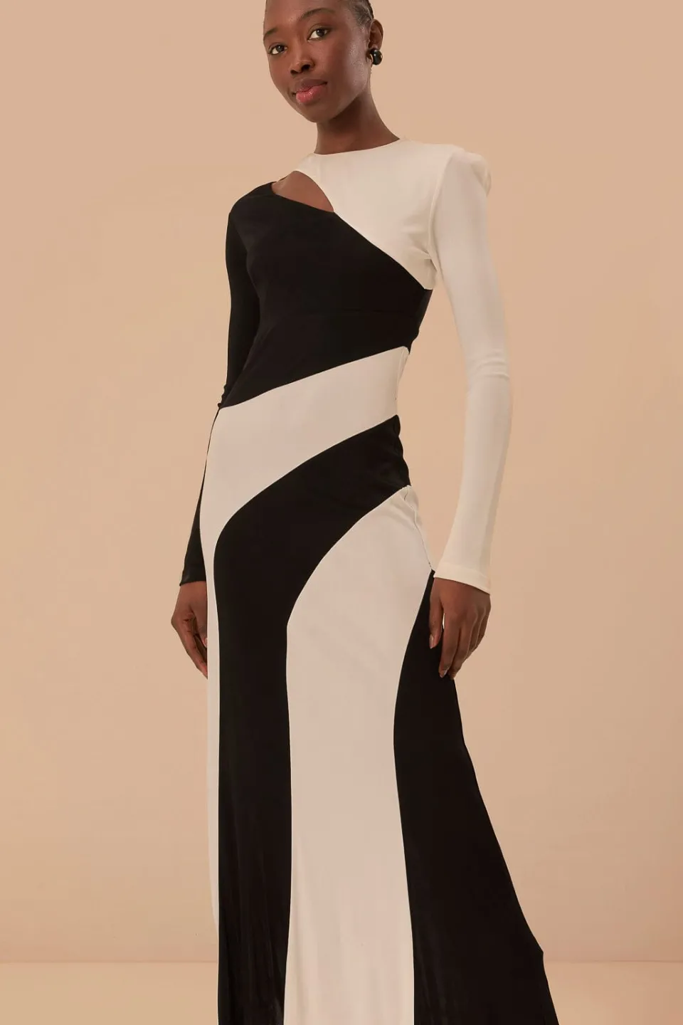 FARM Rio Black And White Cut-Out Long Sleeve Midi Dress Hot
