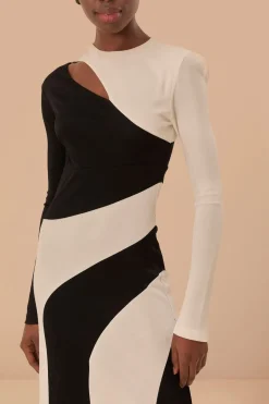 FARM Rio Black And White Cut-Out Long Sleeve Midi Dress Hot