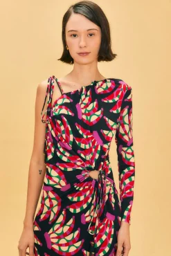 FARM Rio Black Banana Dots One Shoulder Midi Dress Hot