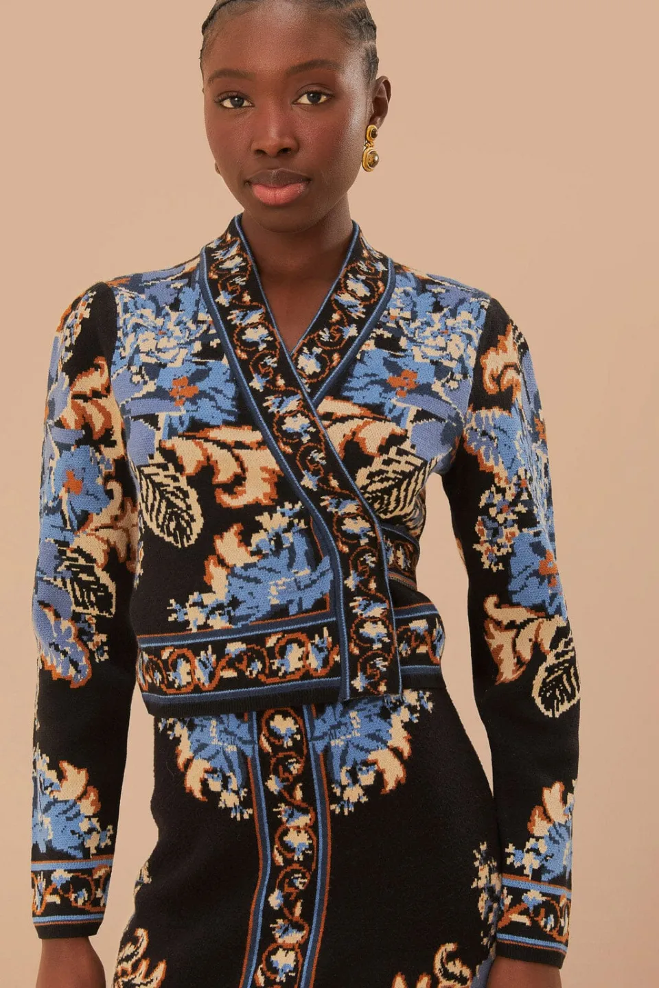 FARM Rio Black Blossom Tapestry Knit Wrap Blouse Clearance