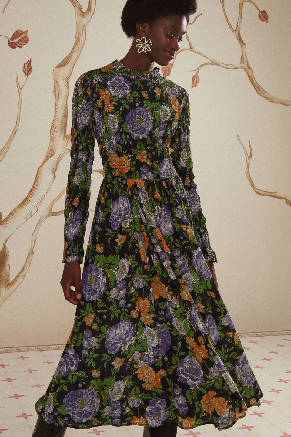 FARM Rio Black Capri Floral Midi Dress Long Sleeve Discount