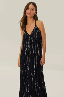 FARM Rio Black Embroidered Stones Pleated Midi Dress Clearance