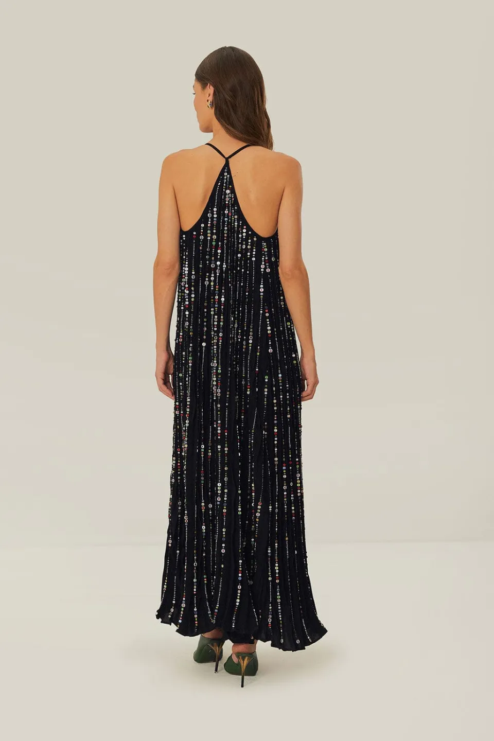 FARM Rio Black Embroidered Stones Pleated Midi Dress Clearance