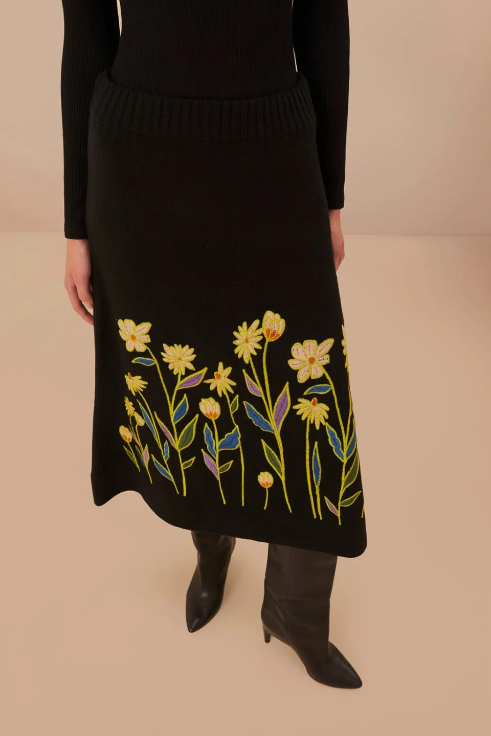 FARM Rio Black Flowers Embroidered Knit Skirt Clearance