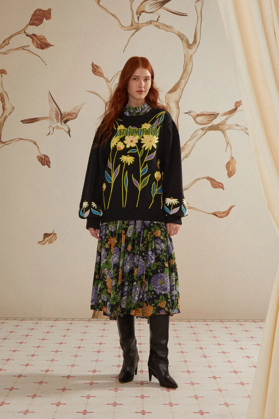 FARM Rio Black Flowers Embroidered Knit Sweater Hot