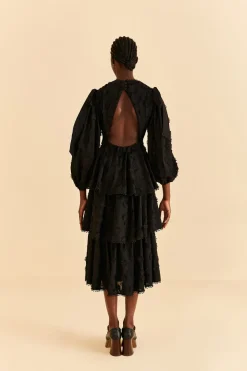 FARM Rio Black Flowers Textured Tiered Midi Dress Clearance