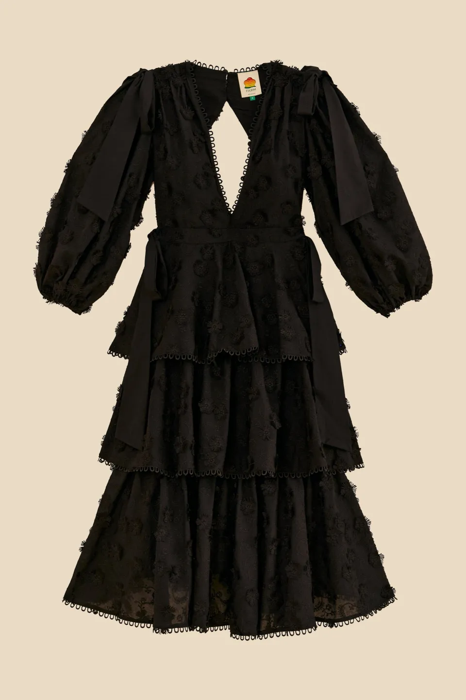 FARM Rio Black Flowers Textured Tiered Midi Dress Clearance