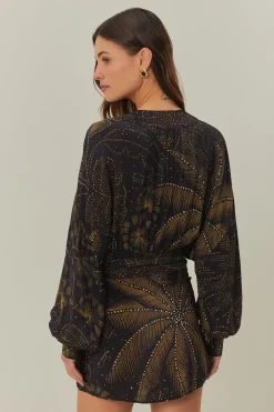 FARM Rio Black Golden Foliage Mini Dress Puffy Sleeve Sale