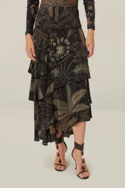 FARM Rio Black Golden Foliage Ruffled Skirt New