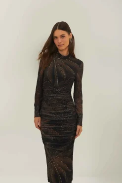 FARM Rio Black Golden Foliage Tulle Midi Dress Online