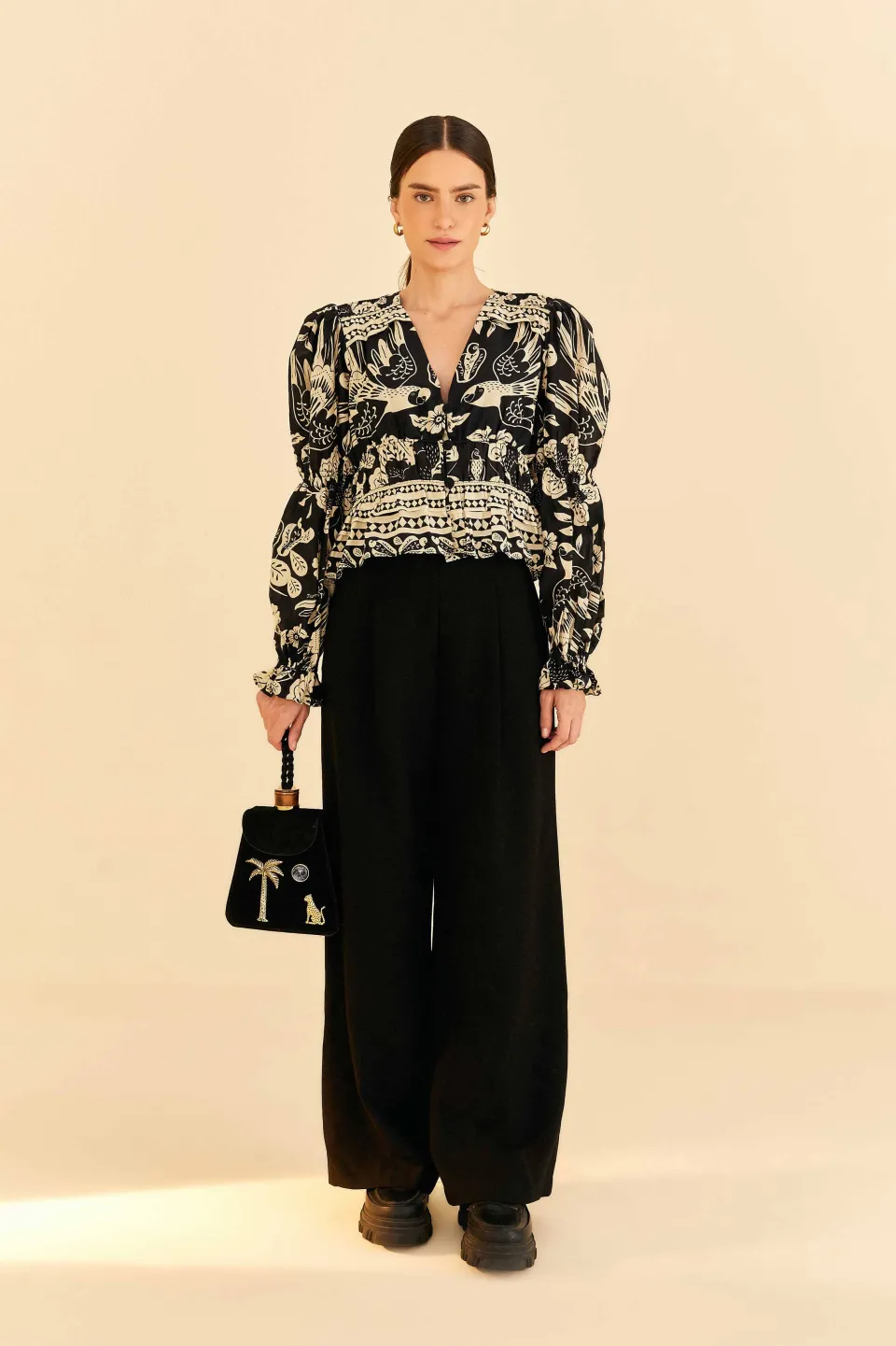 FARM Rio Black Graphic Floral Blouse Outlet