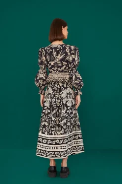 FARM Rio Black Graphic Floral Organic Cotton Midi Skirt Discount