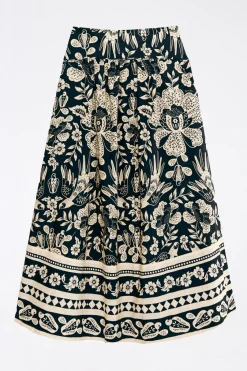 FARM Rio Black Graphic Floral Organic Cotton Midi Skirt Discount