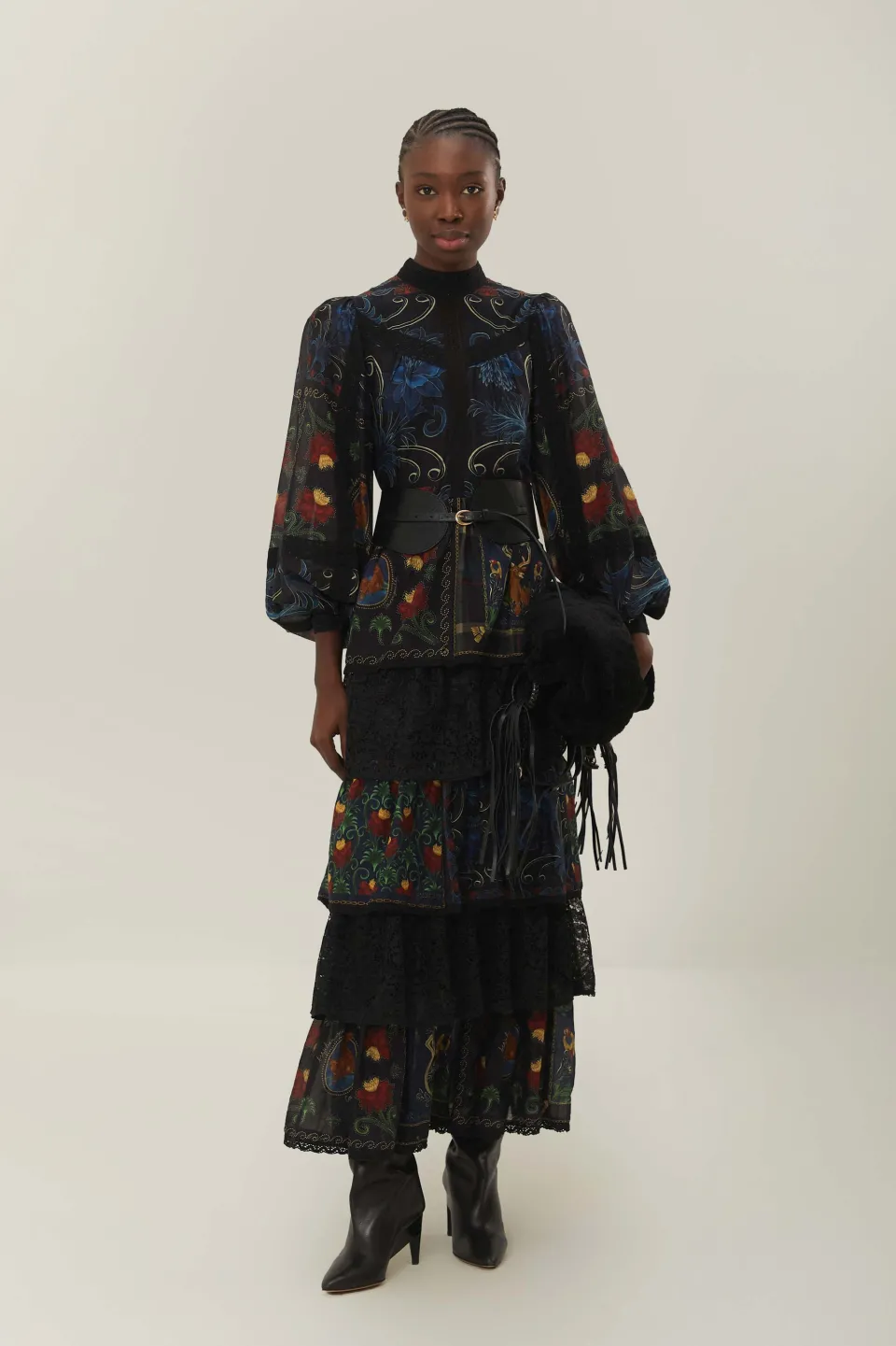 FARM Rio Black Mixed Arabesque Scarves Long Sleeve Maxi Dress Outlet
