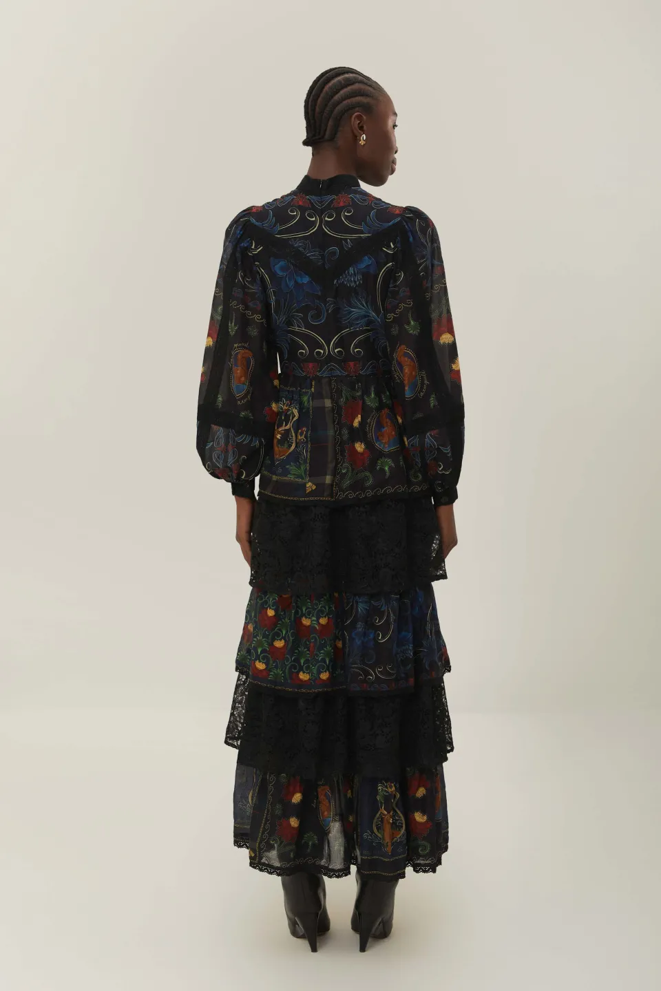 FARM Rio Black Mixed Arabesque Scarves Long Sleeve Maxi Dress Outlet