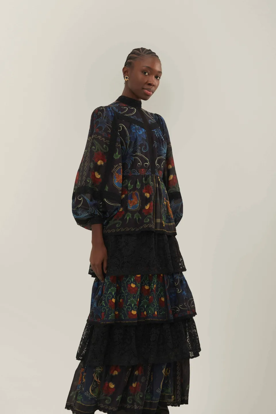 FARM Rio Black Mixed Arabesque Scarves Long Sleeve Maxi Dress Outlet