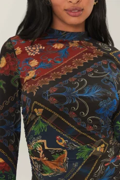FARM Rio Black Mixed Arabesque Scarves Jersey Blouse New