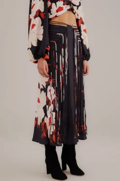 FARM Rio Black Peony Fringe Midi Skirt Sale