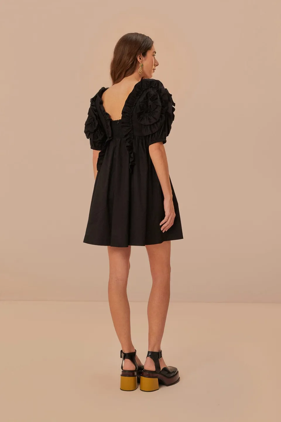 FARM Rio Black Ruffle Short Sleeve Mini Dress