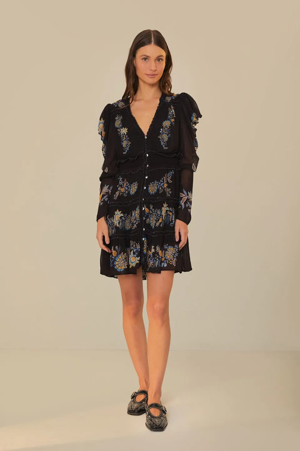 FARM Rio Black Stitched Garden Short Sleeve Midi Dress Sale