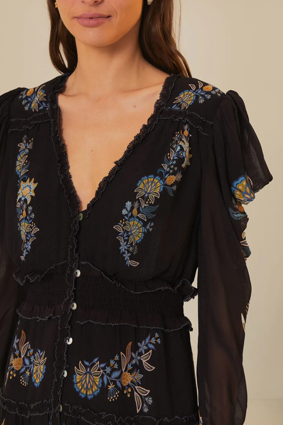 FARM Rio Black Stitched Garden Short Sleeve Midi Dress Sale