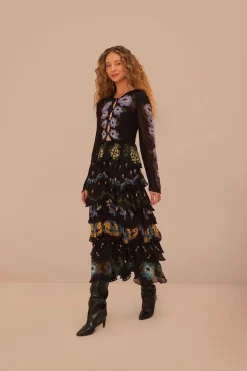 FARM Rio Black Winter Garden Ruffle Maxi Dress Outlet
