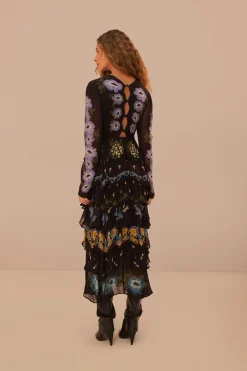 FARM Rio Black Winter Garden Ruffle Maxi Dress Outlet