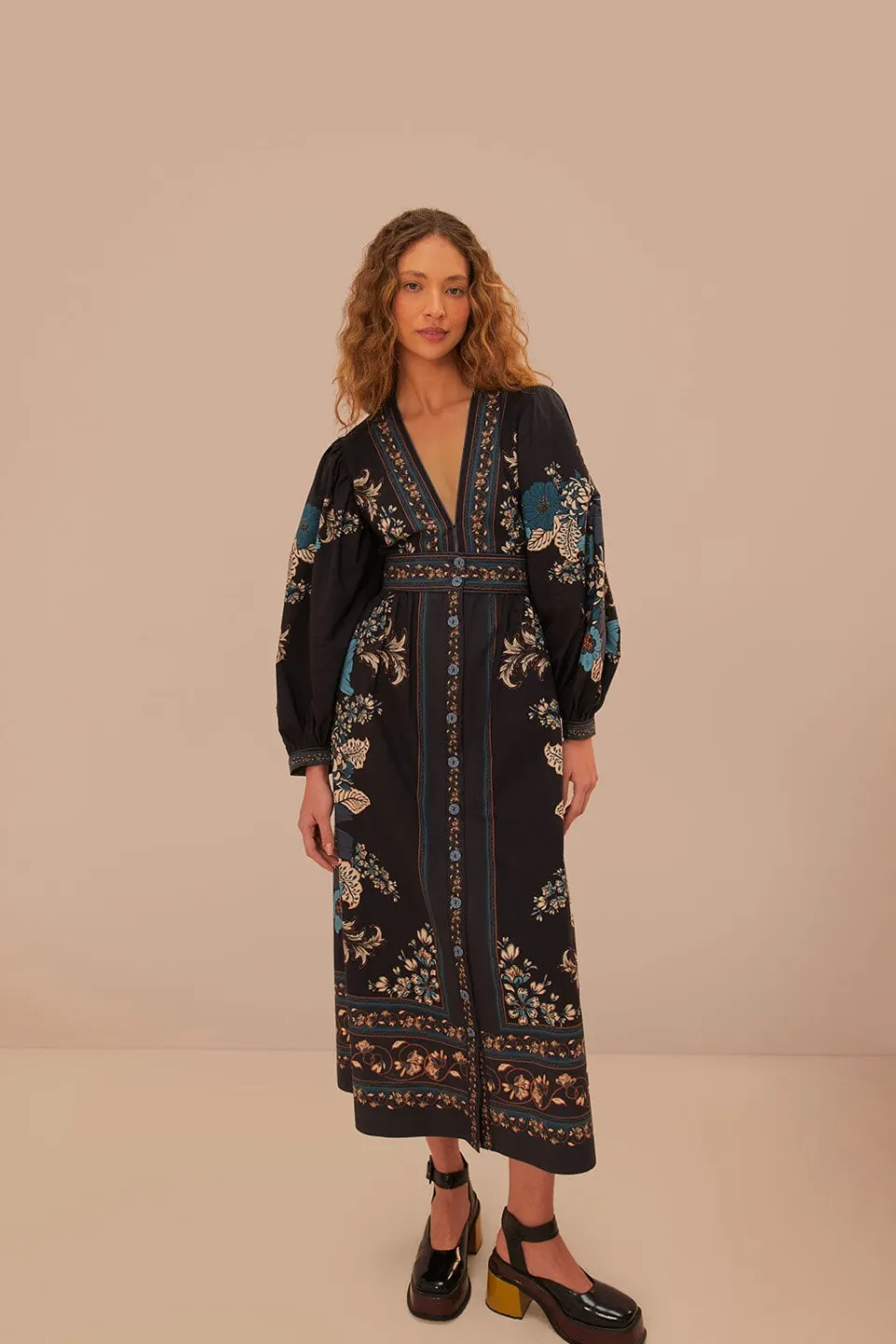 FARM Rio Blossom Tapestry Black Midi Dress Outlet