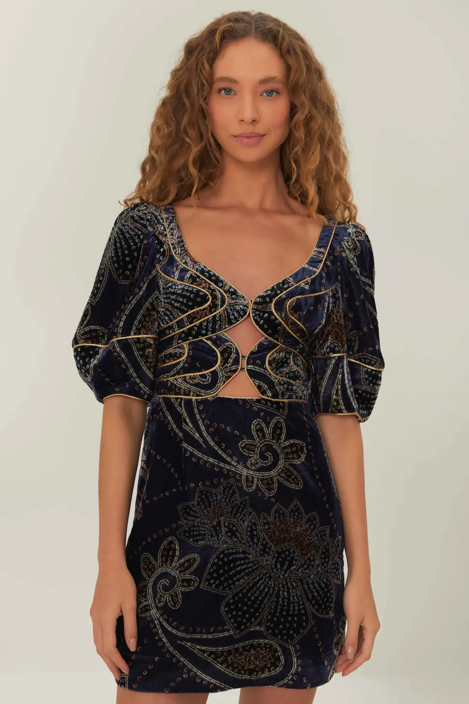 FARM Rio Blue Floral Glam Scarf Velvet Mini Dress Discount