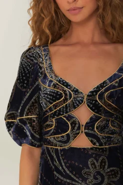 FARM Rio Blue Floral Glam Scarf Velvet Mini Dress Discount