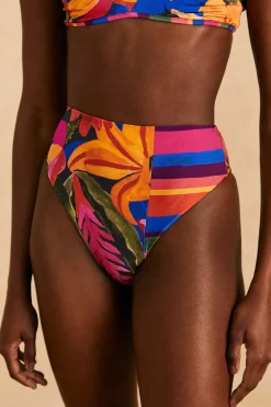 FARM Rio Blue Floral Tropical & Colorful Stripes High Waisted Bikini Bottom New