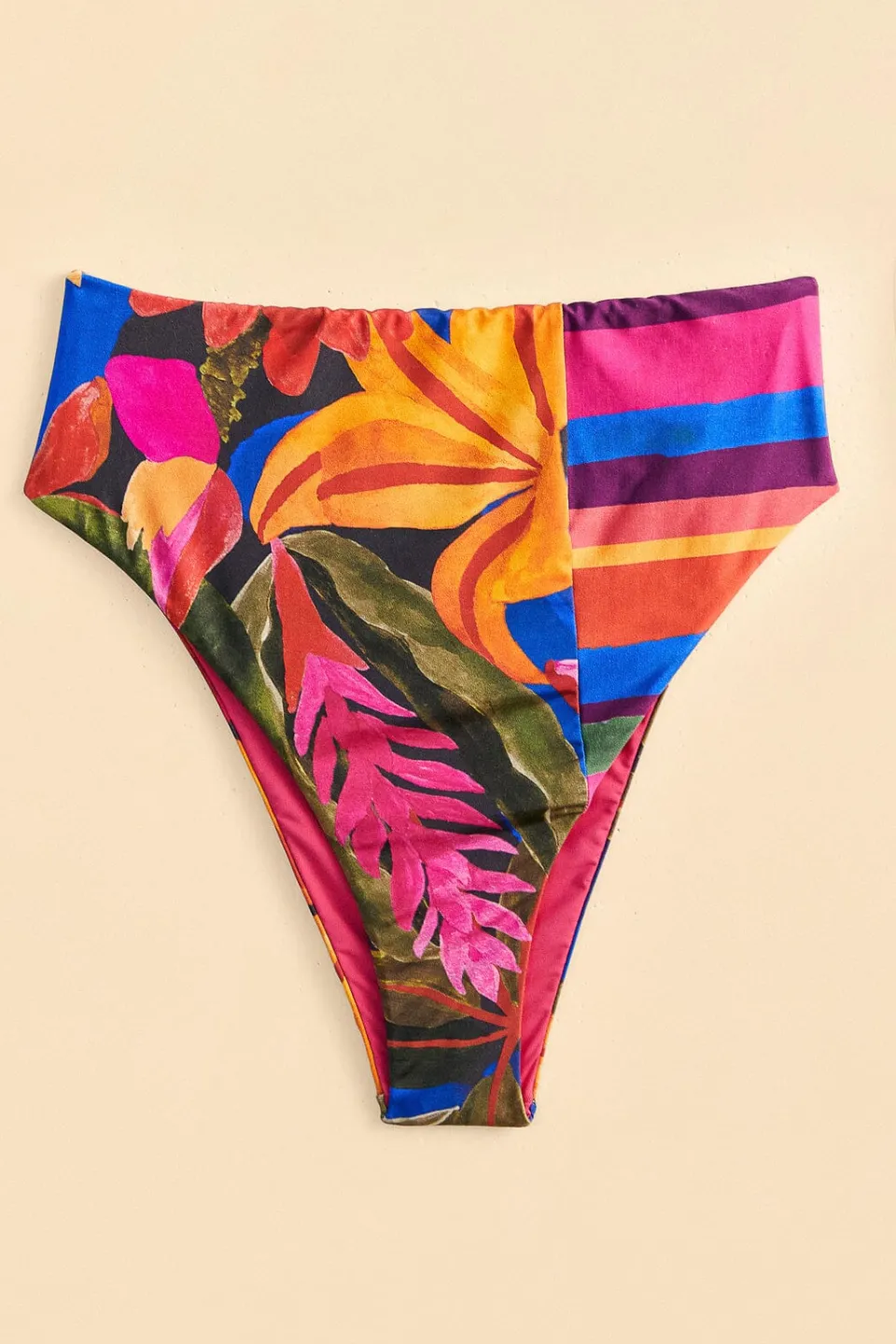FARM Rio Blue Floral Tropical & Colorful Stripes High Waisted Bikini Bottom New