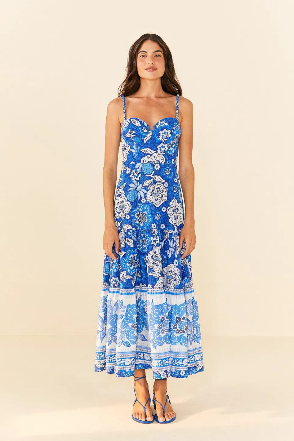 FARM Rio Blue Full Of Flowers Organic Cotton Midi Dress Hot