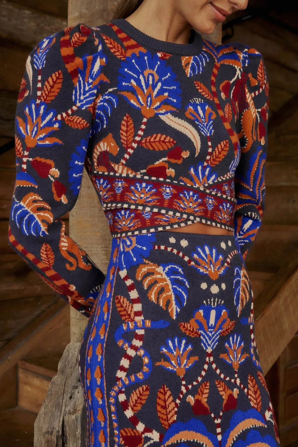 FARM Rio Blue Nature Beauty Scarf Long Sleeve Crop Top Best