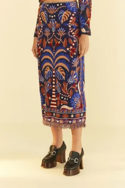 FARM Rio Blue Nature Beauty Scarf Knit Midi Skirt Sale