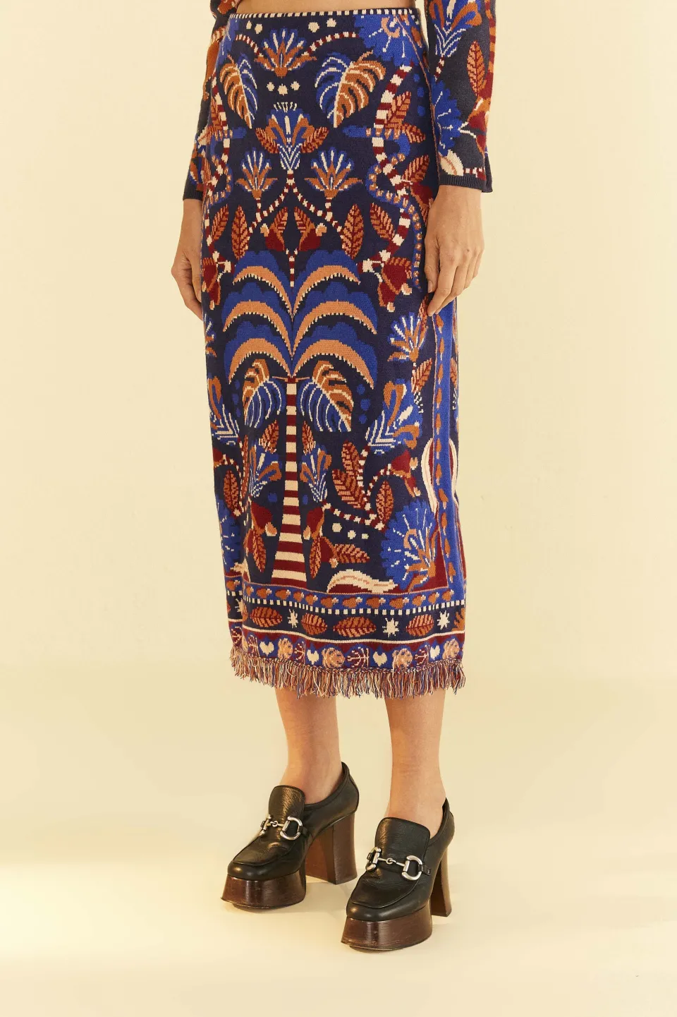 FARM Rio Blue Nature Beauty Scarf Knit Midi Skirt Sale