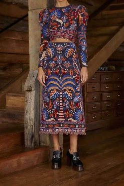 FARM Rio Blue Nature Beauty Scarf Knit Midi Skirt Sale