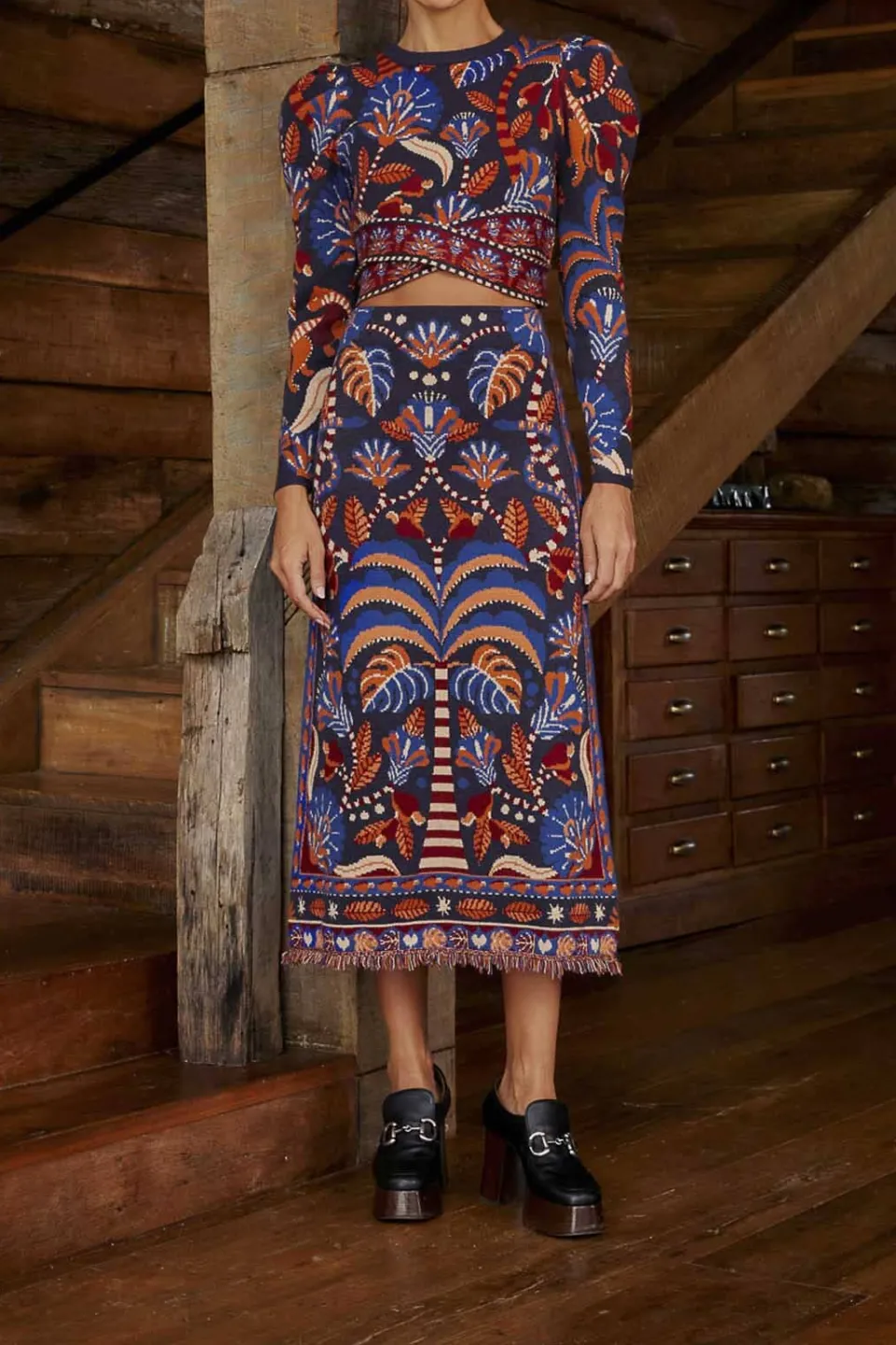 FARM Rio Blue Nature Beauty Scarf Knit Midi Skirt Sale