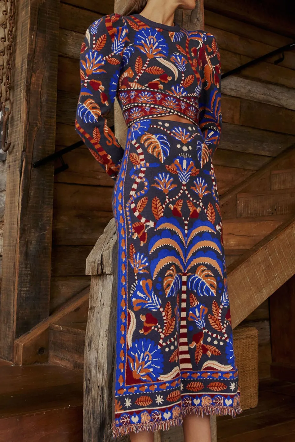 FARM Rio Blue Nature Beauty Scarf Knit Midi Skirt Sale