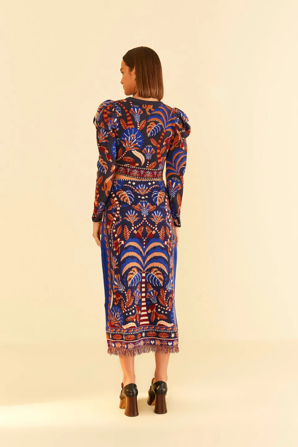 FARM Rio Blue Nature Beauty Scarf Knit Midi Skirt Sale