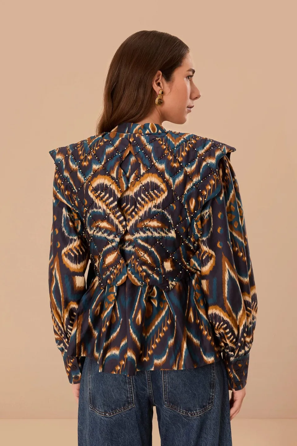 FARM Rio Blue Pineapple Ikat Long Sleeve Matelasse Blouse