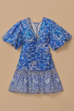 FARM Rio Blue Tile Dream Short Sleeve Mini Dress