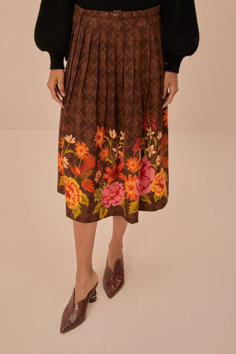 FARM Rio Brown Charming Garden Midi Skirt Sale