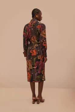 FARM Rio Brown Elephants Long Sleeve Midi Dress Outlet