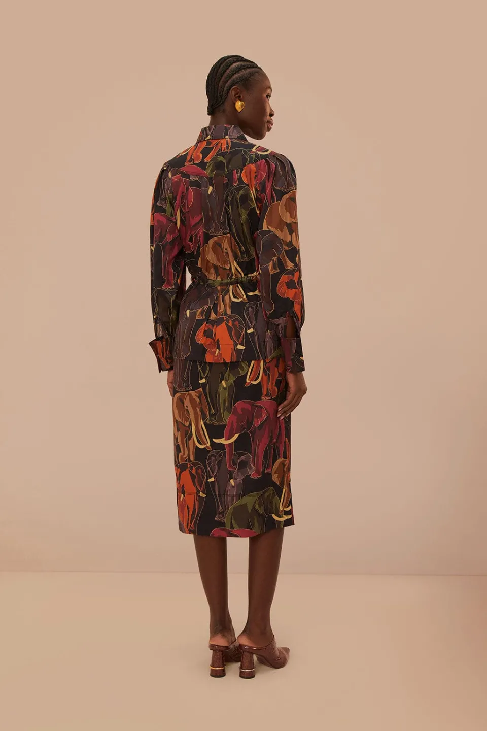 FARM Rio Brown Elephants Long Sleeve Midi Dress Outlet