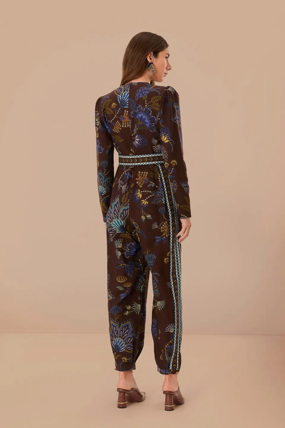 FARM Rio Brown Embroidered Garden V Neck Jumpsuit