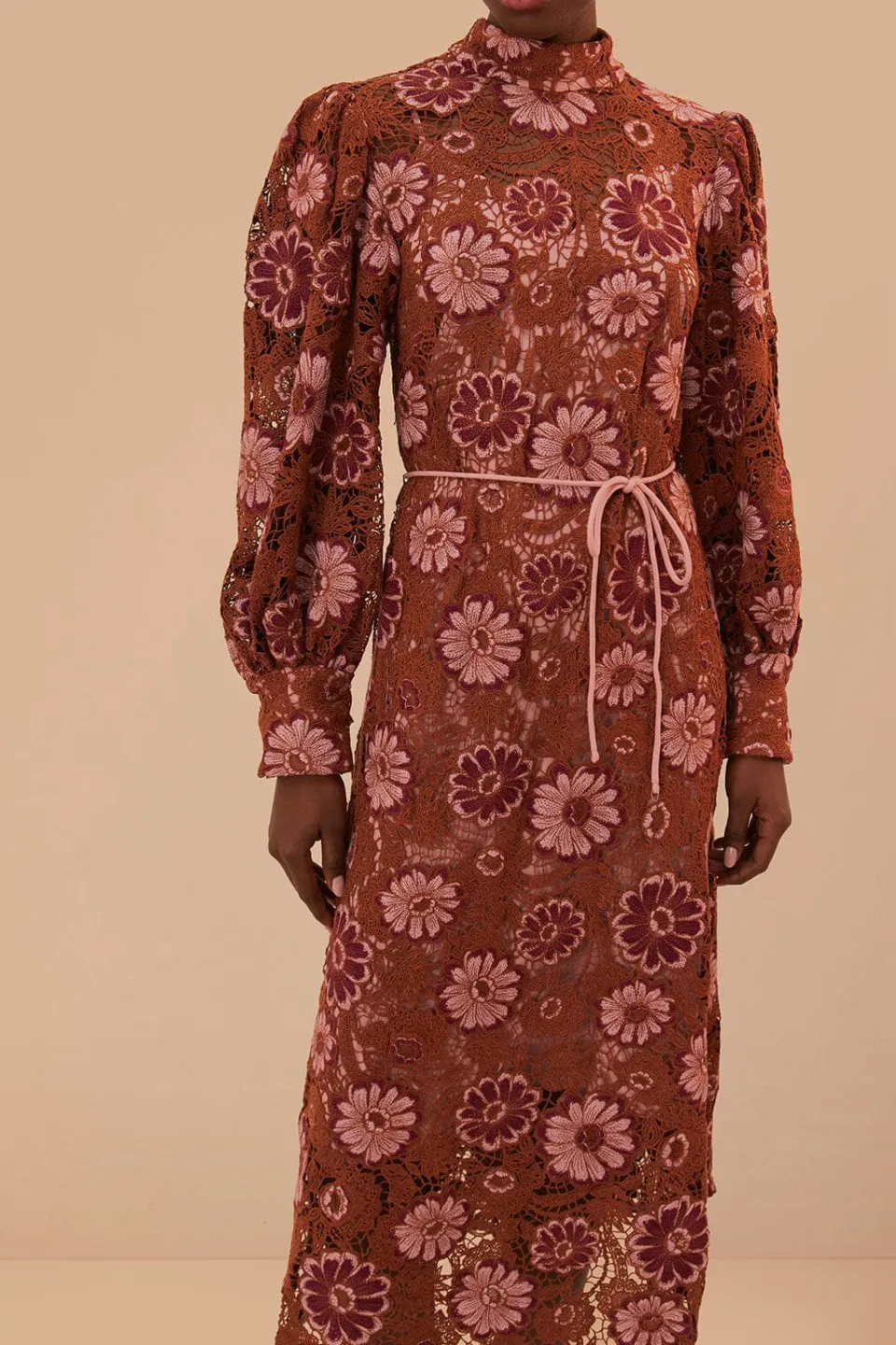 FARM Rio Brown Gigi Tapestry Guipure Midi Dress Sale
